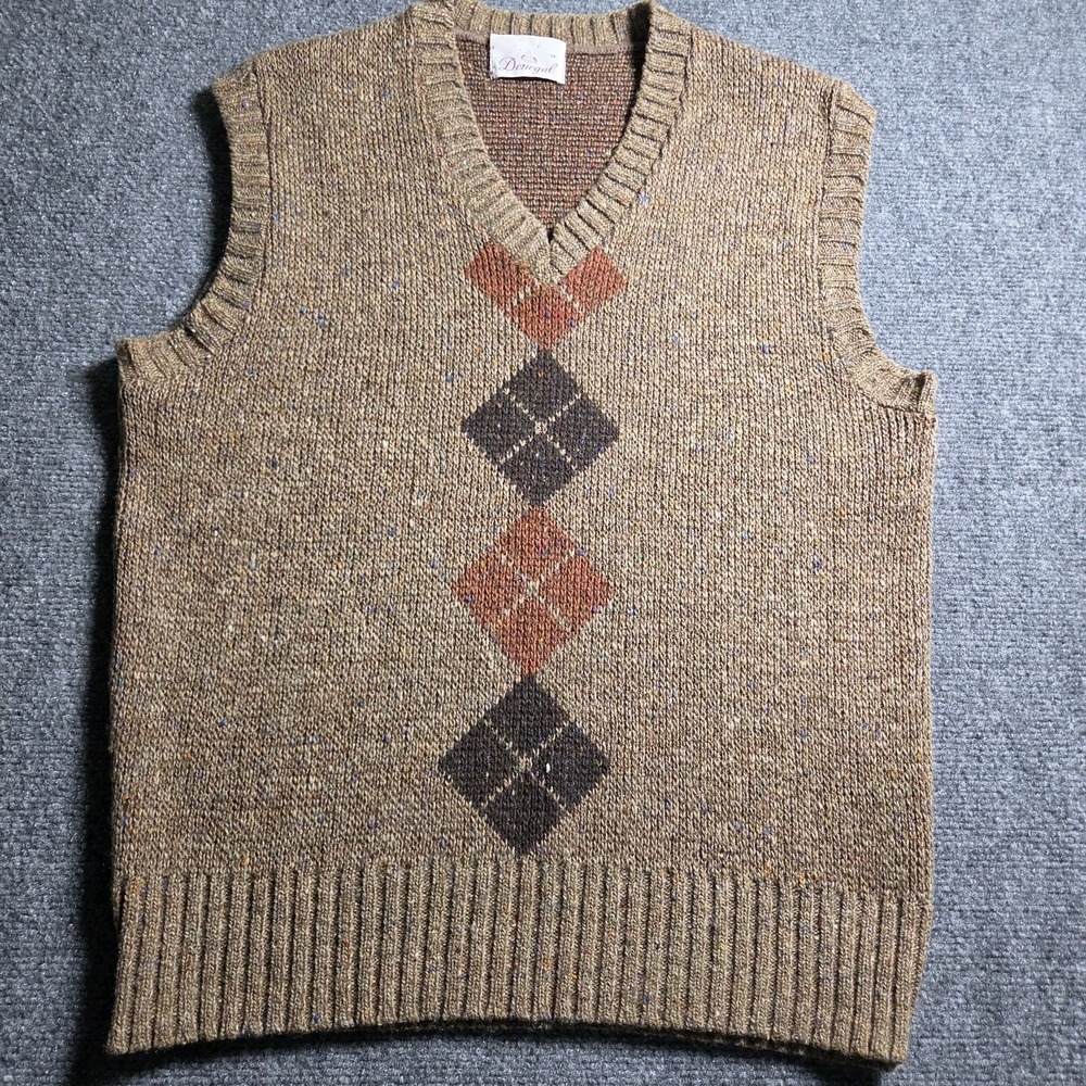Donegal Sweater Vest Mens M Brown Argyle Wool Blend Colorful Speckle